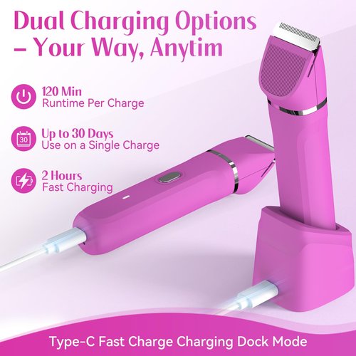 Bikini Trimmer for Women 5-in-1 Electric Razors IPX7 Waterproof Shaver Ceramic Blade Painless Pubic & Facial Hair Remover (Hot Pink)