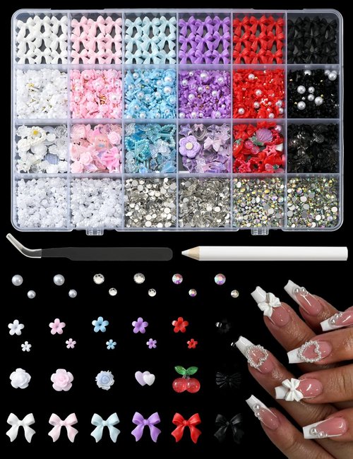 3D Nail Charms and Gems 4000 Pcs Cute Nail Bows Flowers and Mixed Styles Nail Art Charms with Rhinestones Flatback Pearls Suitable for DIY Nail Art Phone Case Decoration