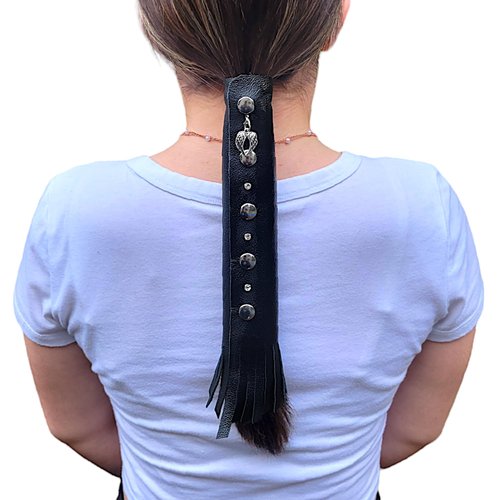 Black Leather Hair Wrap 8" Inch - Ponytail Wrap & Long Hair Protector for Biker Helmet | Motorcycle Accessories for Women with Fringe | Made in USA | Accessory