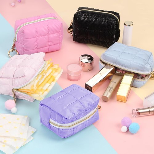 Playexen Puffy Mini Makeup Bag, Cute Quilted Small Cosmetic Bag for Purse, Portable Travel Makeup Pouch for Lipsticks, Chapsticks, Earphone, Credit Card, Birthday/Wedding/Christmas Gifts (Blue)