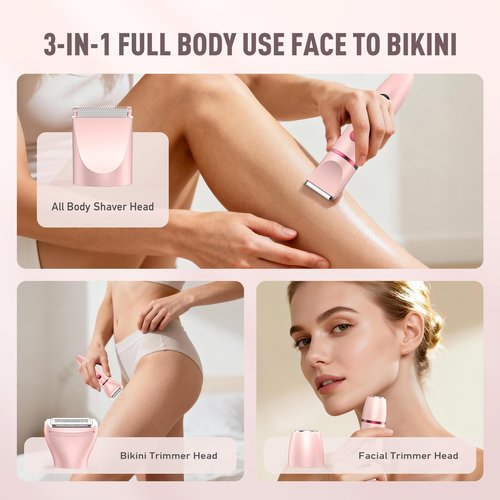 Crolanli Bikini Trimmer for Women, 3-in-1 Electric Razors for Women, IPX7 Waterproof Rechargeable Cordless Pubic Hair Shaver, with LED Display, for Ladies Bikini Pubic, Face, Underarms, Legs(Pink)