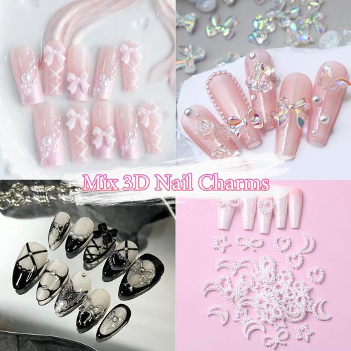 3D Assorted Nail Charms Gems, Bow Bowknot Butterfly Flower Acrylic Nail Art Charms, Half Round Nail Pearl and Rhinetones Charms for DIY Nail Art Accessories