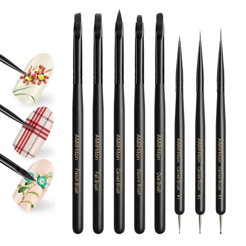 AMilHiTon 8PCS Nail Art Brush Set for Gel & Acrylic – French Tip, Flat, Oval & Carved Liner Brushes with Dotting Tools, Professional Builder Poly Gel Nail Design Kit