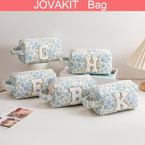 JOVAKIT Alphabet Makeup Bag Cosmetic Bag with handle for Women, Christmas Gifts for Girls Age 3-16, Floral Flowers Coquette Travel Toiletry Bag, Zipper Make Up Pouch Organizer Bag (Blue Floral M)