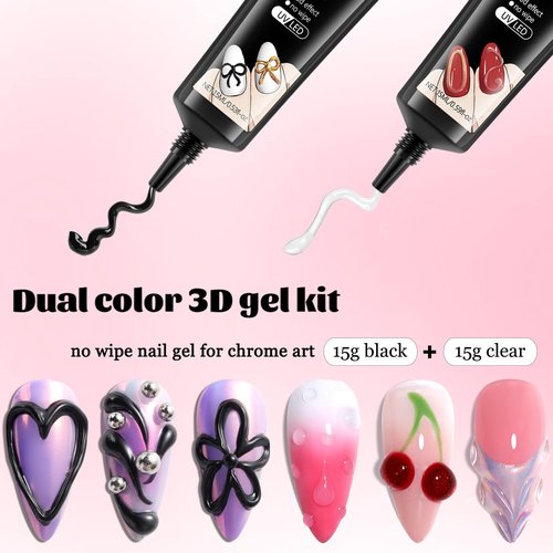 Fcozpjk 3D Gel Nail Art Kit – No Wipe Black and Clear Sculpting Gel for Embossing Painting Design with Gold Silver Chrome Powder 3D Liner Gels Flowers Carving Modeling Decor Salon Supplies 15ML 2PCS