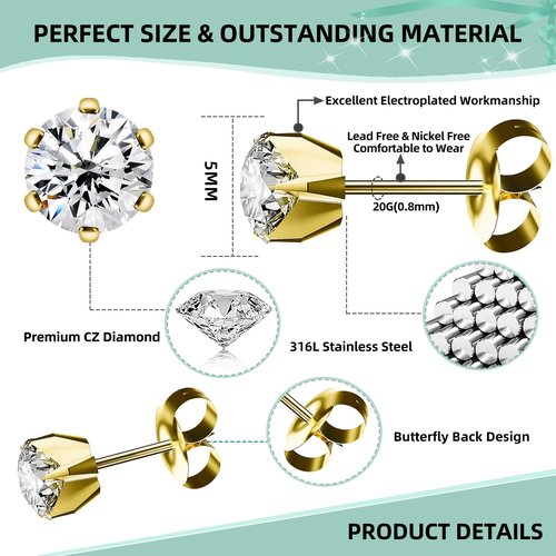 Nunpag 12 Pcs Ear Piercing Kit Disposable Ear Piercing Gun Kit with 4 Pcs 6 Prong Setting Cubic Zirconia Earrings Stud 316L Stainless Steel Easy to Use at Home Self Ear Piercer Gun Kit Tool