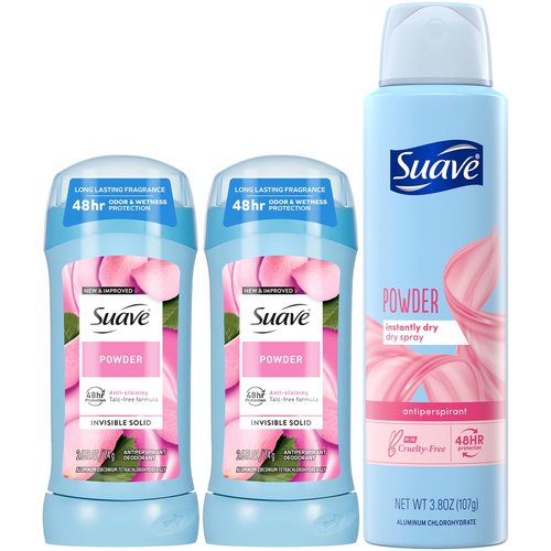 Suave Antiperspirant Deodorant for Women, Powder 2-Pack + Dry Spray – 48H Sweat & Odor Protection, Anti-Staining Formulas, Talc-Free