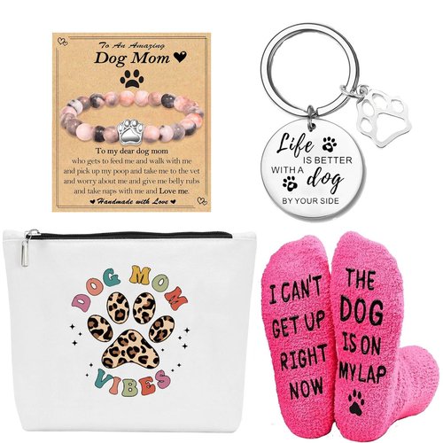 HIGHTERTON Dog Mom Gifts for Women, 4pcs Women Gift Set for Dog Lovers, Animal Paw Funny Socks, Birthday Present With Portable Cosmetic Bag