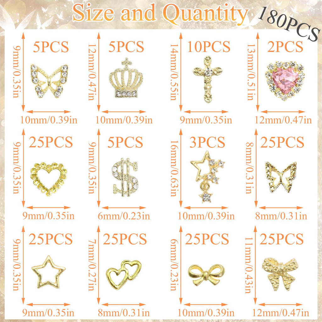 YAEISM 180PCS Gold Nail Charms: Cross Crystal Star, 3D Gold Butterfly, Sparkly Crown, Shiny Dollar Sign, Bling Cross Bowknot Starlight for Nail Art and DIY