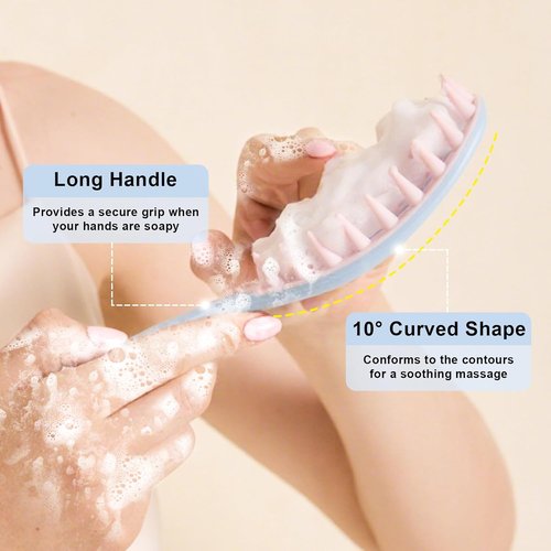 RHOS Scalp Massager - Curved Shampoo Brush with Handle for Wet & Dry Hair - Blue Color