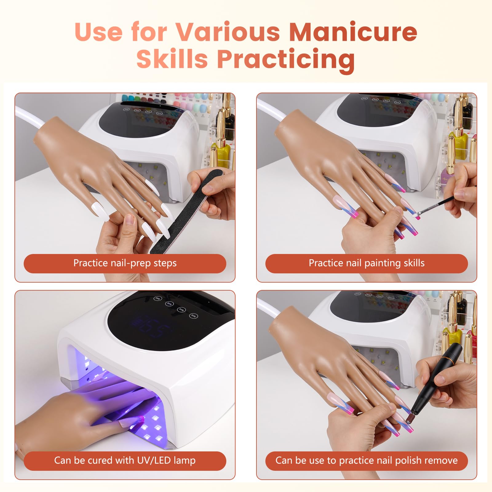 Wilfniee Practice Hand for Acrylic Nails: Nail Tips Won't Fall off Fake Hand for Nail Practice - Flexible Practice Nail Hand With 200PCS Nail Tips for Beginners Salon