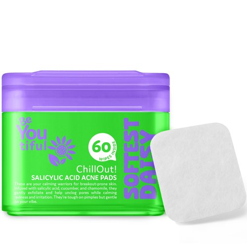 BeYoutiful ChillOut Gentle Acne Cleansing Face Wipes with Salicylic Acid for Teens and Kids, Valentines Day Gifts for Teen Girls, 60 Facial Pads, Vegan, Tea Tree & Chamomile