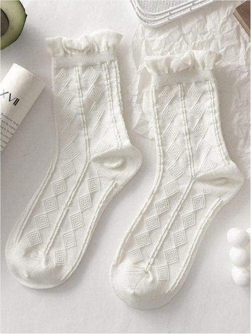 SHENHE Women's Cute Ruffle Crew Socks - 5 Pairs with Bow Print | Knitted Mid Calf Design