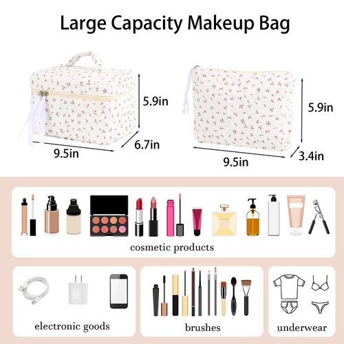 Hyfant 2Pcs Floral Quilted Makeup Bag Set Coquette Makeup Bags Large Cotton Cosmetic Bag Cute Makeup Bag with Bow Pattern Portable Travel Toiletry Bag For Women