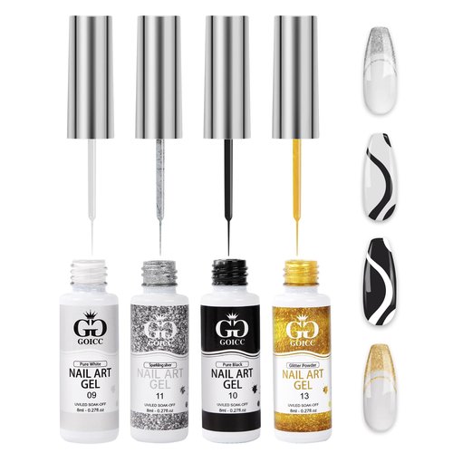 Gel Nail Art Polish Set with Thin Brush – 4 Colors White Gel Nail Polish Black Silver Glitter Liner for Nail Art Design French Tips Soak Off UV/LED 8ml