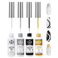 Gel Nail Art Polish Set with Thin Brush – 4 Colors White Gel Nail Polish Black Silver Glitter Liner for Nail Art Design French Tips Soak Off UV/LED 8ml