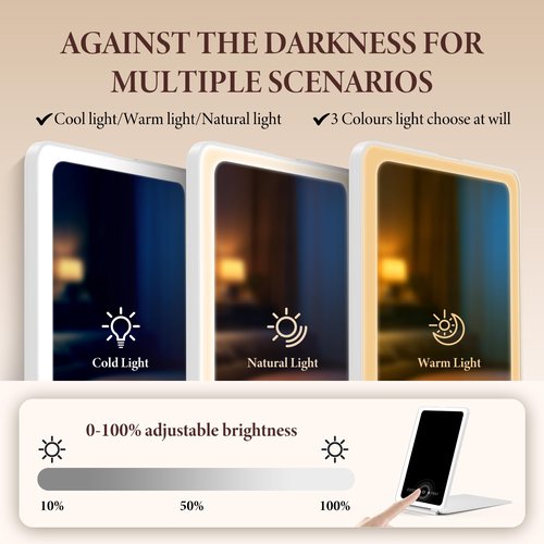 Travel Makeup Mirror with Time & Temperature Display, 2000mAh Rechargeable Battery, 7.5" Portable Foldable Lighted Mirror with 148 Led Lights, 3 Color Lighting Modes, Touch Dimming