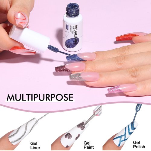 Morovan Gel Liner Nail Polish Set - 12 Popular Glitter Colors: Silver, Brown, Purple, Red - Art Liner for French Tip & Swirl Design