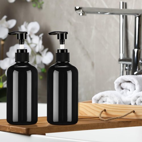 CroBlissful 16 Pcs Empty Plastic Pump Bottles 8oz Refillable Lotion Pump Bottle Containers with Dispenser for Shampoo, Conditioner, Face Cream, Massage Oil, Liquid Soap (Black)