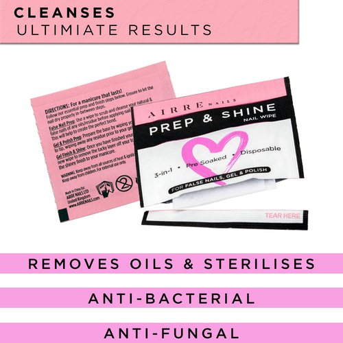 220 AIRRE NAILS Prep & Shine Alcohol Nail Wipes 3in1 Lint-Free Prep & Wipe Cleanser Pads for Gel Polish Sticky Residue & Tacky Layer Remover After UV/LED Curing, For Gel, Acrylic & False Nails & Tips