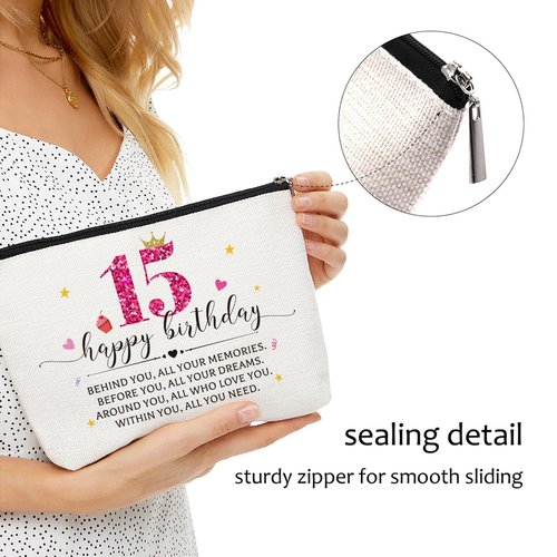 Birthday Gifts for 15 Year Old Girl 15th Birthday Gifts for Teen Girls Makeup Bag Happy 15th Birthday Travel Cosmetic Bags Turning 15 Inspirational Gifts for Women Sister Bestie Friends Daughter