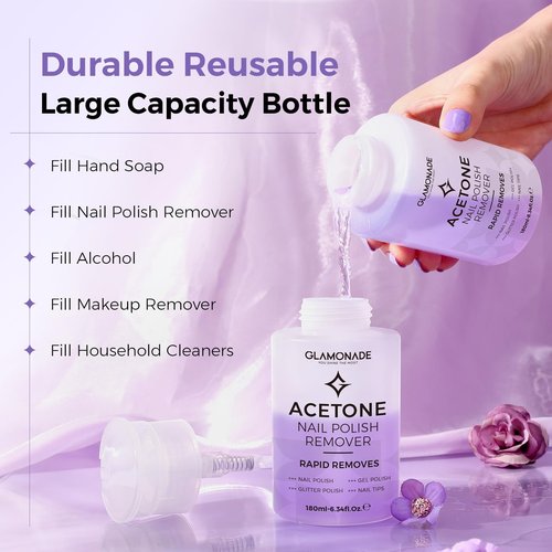 Glamonade Acetone Nail Polish Remover: Gel Polish Remover for Removal of Regular Nail Polish/Gel/Nail Tips/Glitter Polish | Grape Scent Gel Nail Polish Remover with Easy Push-Down Pump(6.34 Fl Oz)