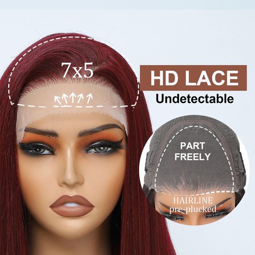7×5 Burgundy Wear and Go Glueless Wigs Pre Plucked Pre Cut for Beginners Highlights Synthetic Lace Front Wigs For Woman 26 Inch 3 Seconds to Wear