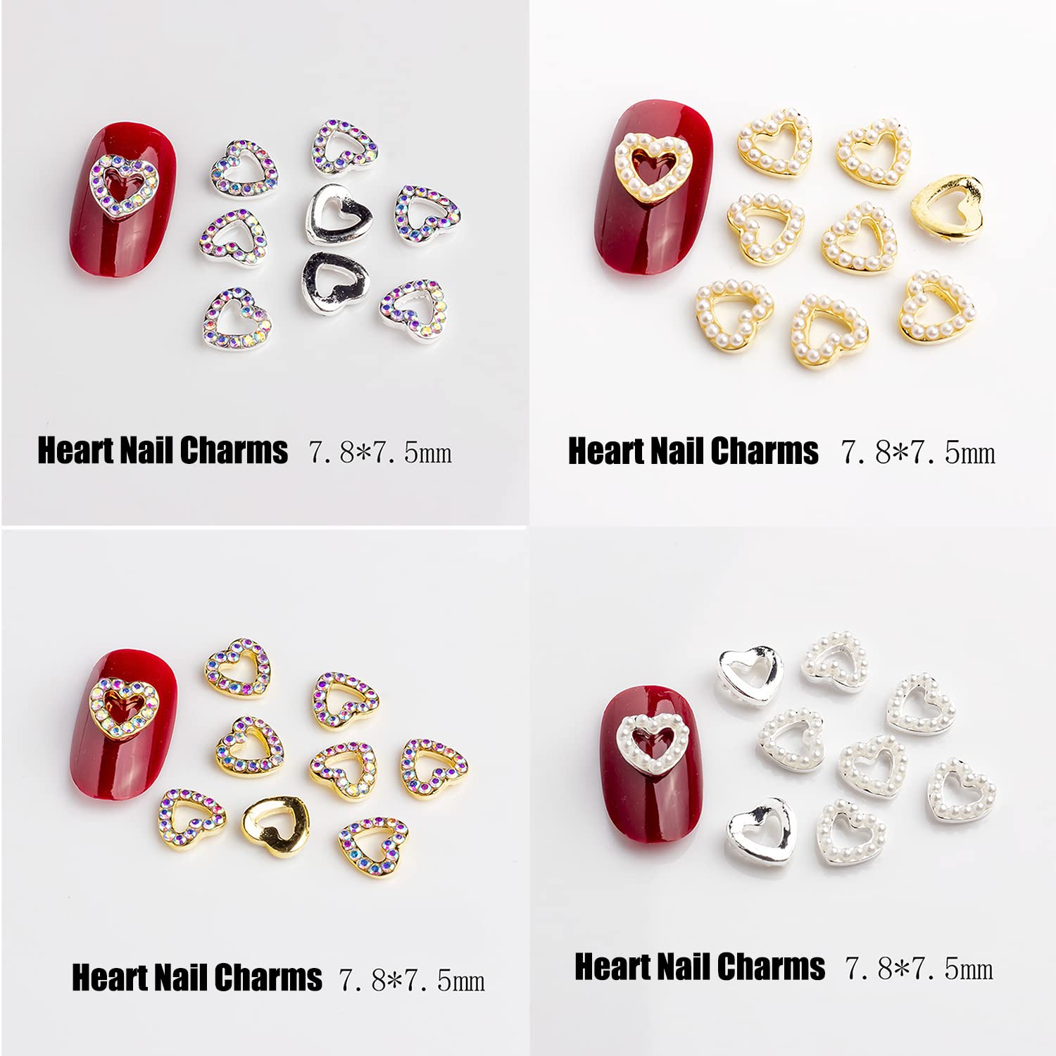 XEAOHESY 40 Pieces Gold and Silver Alloy Heart Charms for Nails Love Heart Nail Charms Gems Christmas Nail Studs Inlaid Rhinestone Pearls for Women Girls Valentine's Day