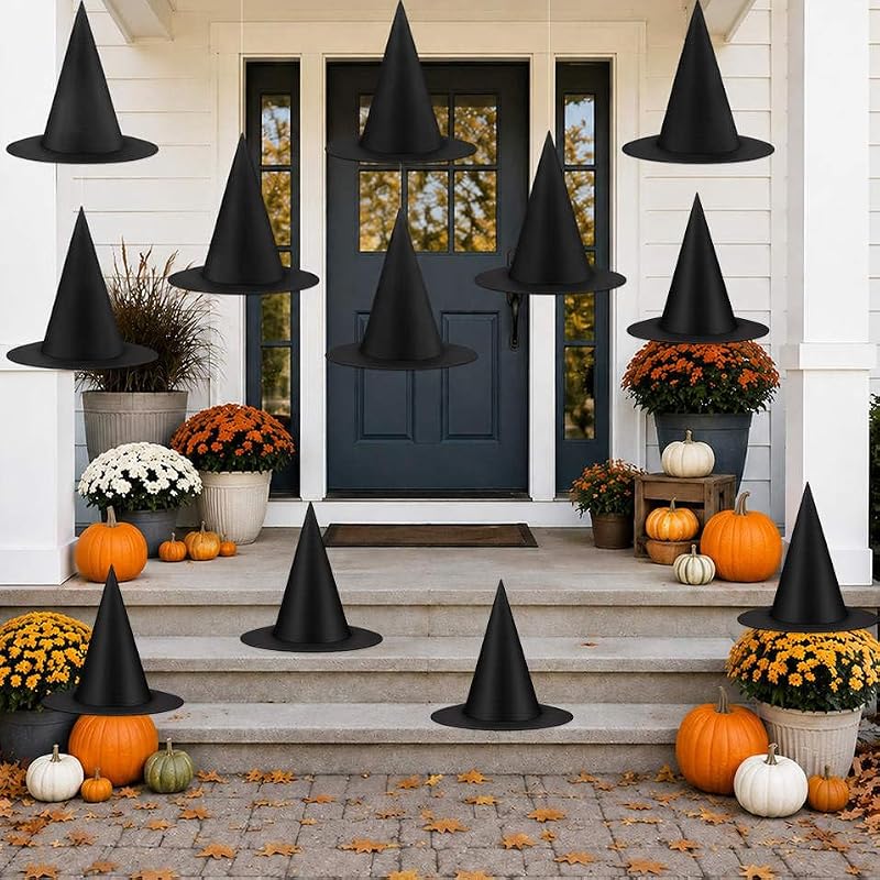 12 Pack Halloween Witch Hats with Nylon Cord Indoor Outdoor Decorations