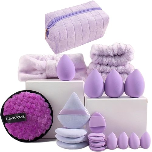 musejoy 21PCS Spa Washing Face Headband And Wristband Set Quilted Makeup Bag Sponge Triangle Powder Puff Paw Beauty Blender Mini Sponges For Foundation Reusable Remover Pads Purple