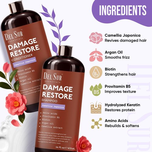 DEL SUR Hair Repair Shampoo & Conditioner Set - Moisturizing & Damage Repair | 16 fl oz Each | Infused with Camellia Japonica, Amino Acids, Biotin & Argan Oil