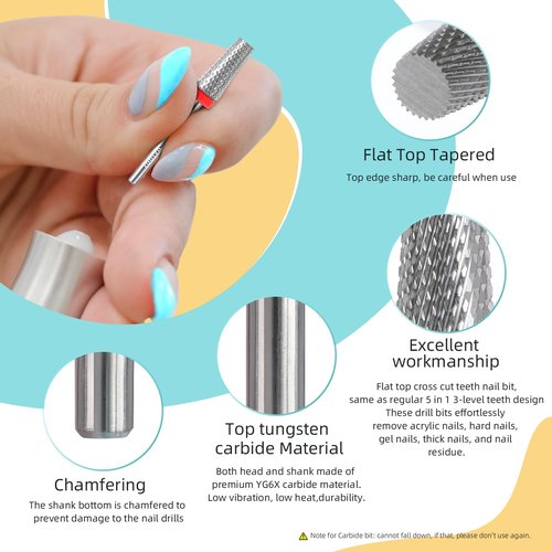 HYTOOS Flat Top 5 in 1 Nail Drill Bit Professional Tungsten Carbide Cross Tapered Nail Bits 3/32" 2 Way Electric File Nail Drill Accessories Manicure Gel Polish Removal Tool F