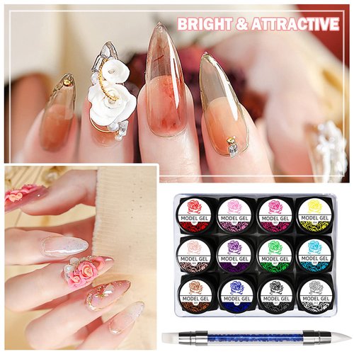 QIUFSSE 12 Colors Sculpture Painting Set, 3D Nail Art Set with Carved Painting Pen, Salon Creative DIY Gel Nails
