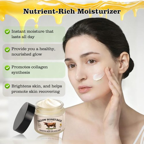 Beef Tallow for Skin, Tallow and Honey Balm Tallow Face Moisturizer with Ginseng Extract, Pure Beef Tallow Balm Blend of Vitamins Grass Fed Beef Tallow Hydrates and Nourishes the Skin