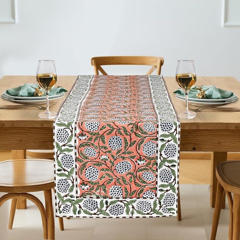 Dark Salmon Hand Block Print Cotton Table Runner 16x70 Inches - Ridhi