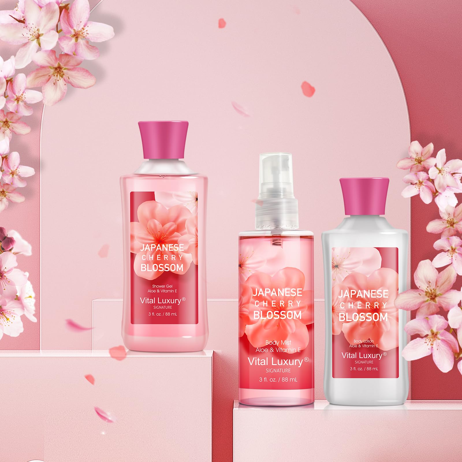 Vital Luxury Bath and Body Gift Set for Women and Girls, Japanese Cherry Blossom Spa Set With Natural Extracts-Shower Gel, Body Lotion, Body Mist, Body Care Travel Set for Birthday Mother's Day Gifts