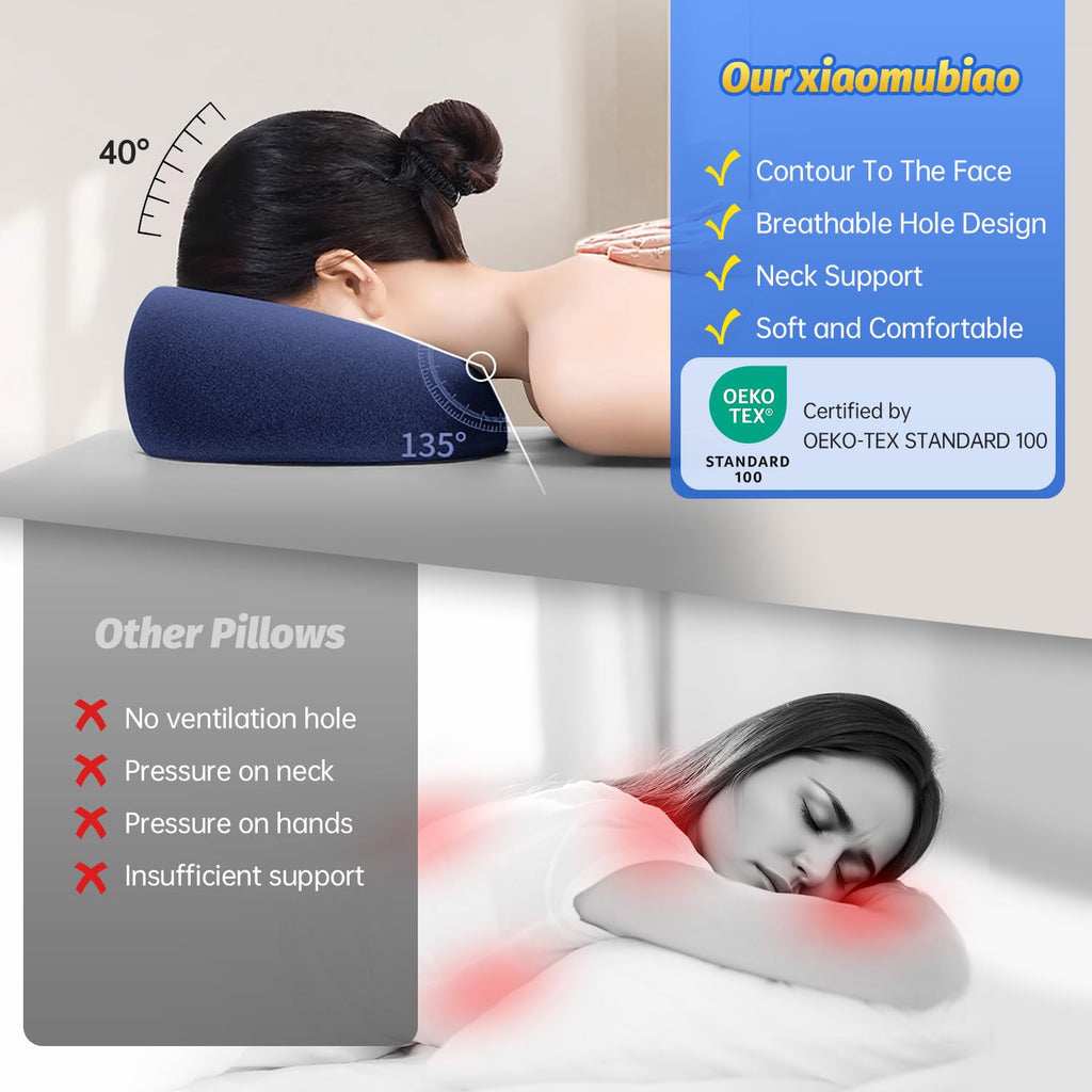 Xiaomubiao Face Down Pillow - Comfortable Massage Headrest for Stomach Sleeping | Navy Blue, Removable Cover