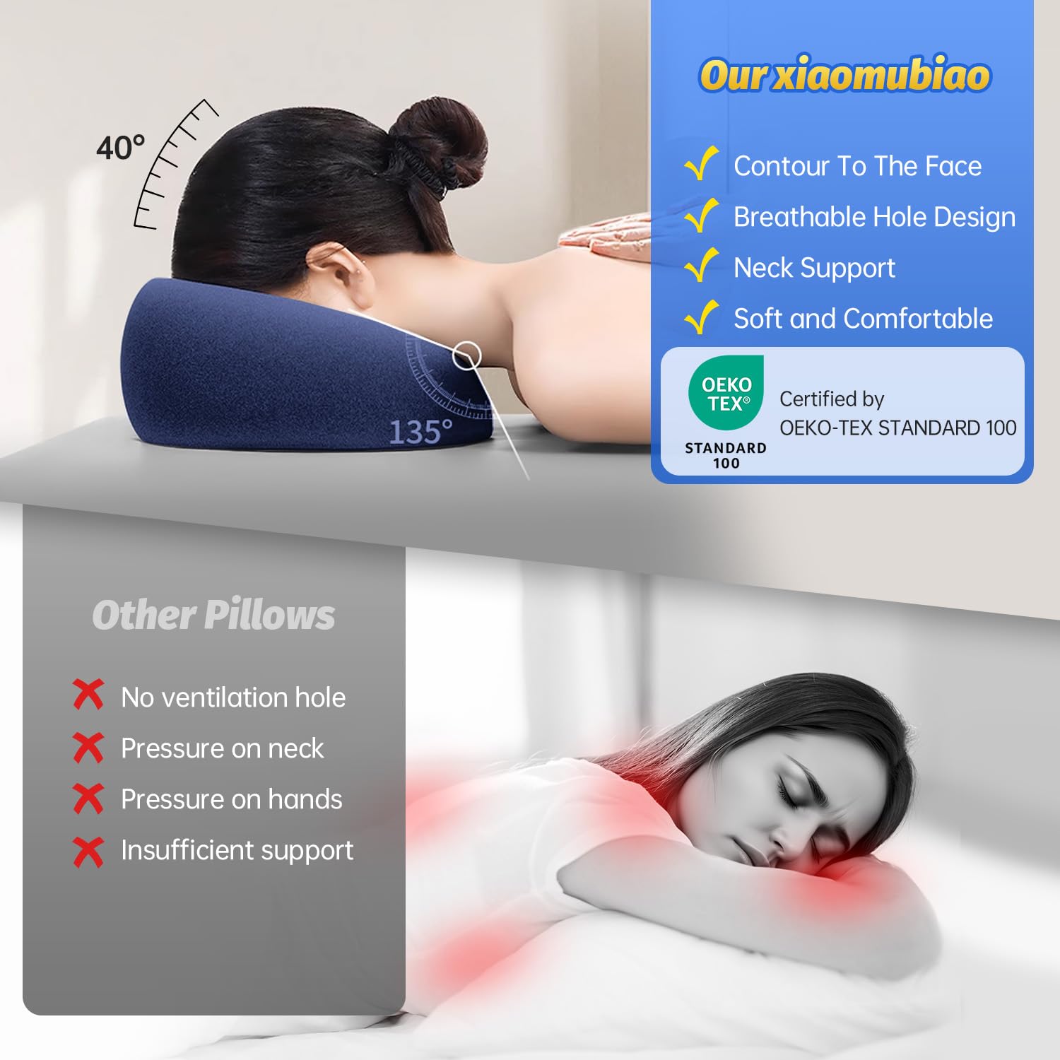 Xiaomubiao Face Down Pillow - Comfortable Massage Headrest for Stomach Sleeping | Navy Blue, Removable Cover