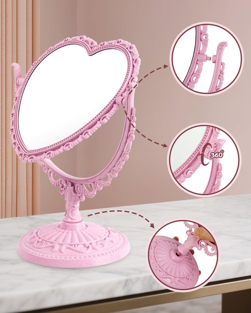 JDPEYI Heart Shaped Cute Vanity Princess Mirror for Desk,Double-Sided Rotatable Table with Stand Downtown Girl Room Coquette Decor (Pink)