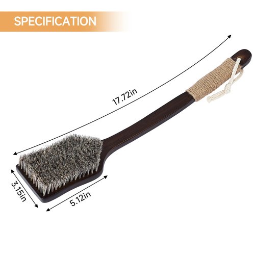 ENAMELEVO Back Scrubber Shower Brush,Dry Brushing Body Brush with 17.7 Inch Curved Long Handle, Natural Bristles for Lymphatic Drainage, Soft & Stiff Bristles Available (Stiff-Thick Boar Bristles)