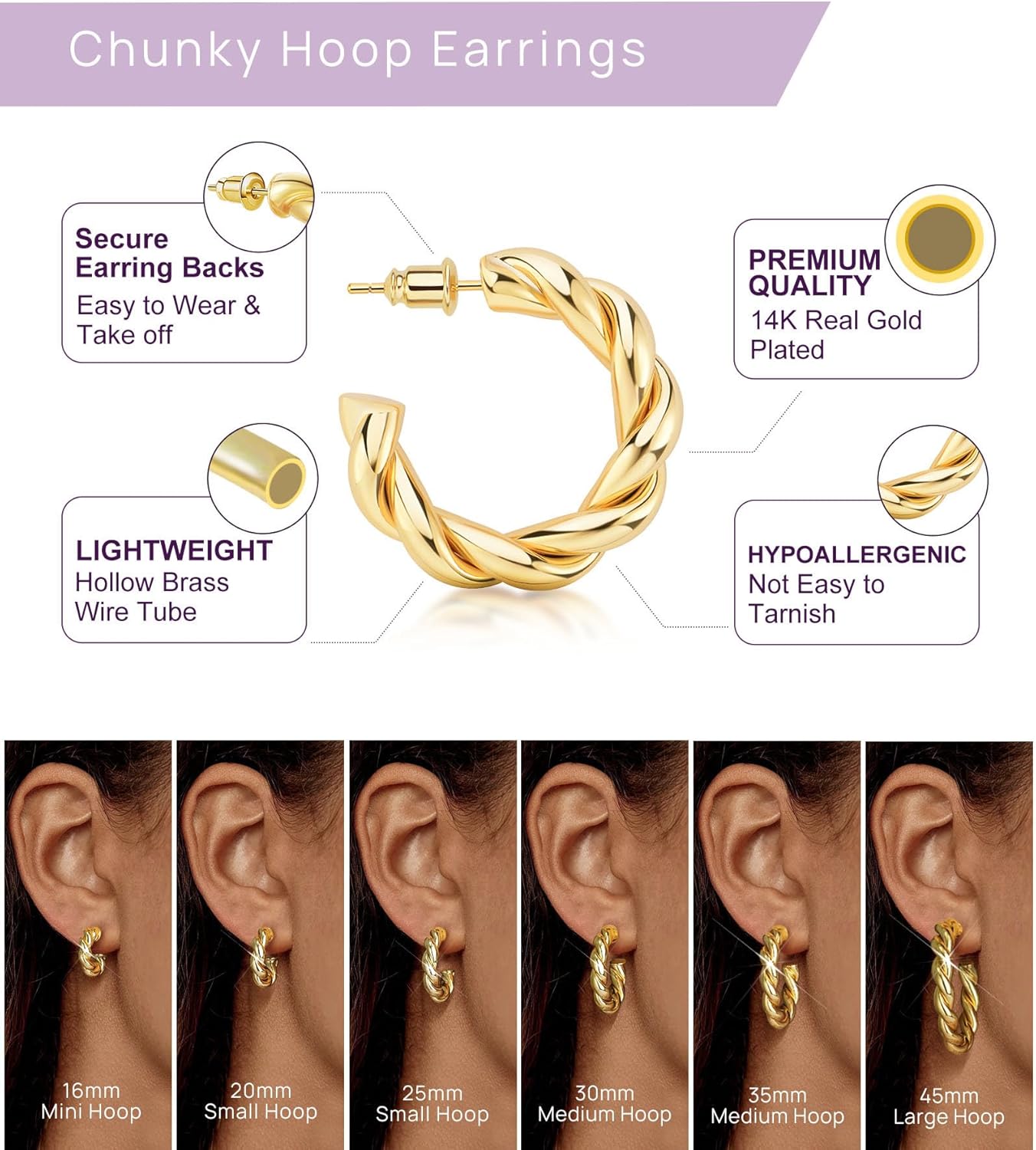 Wowshow Gold Hoop Earrings - 14K Gold Plated Chunky Lightweight Hoops for Women | Multiple Sizes Available
