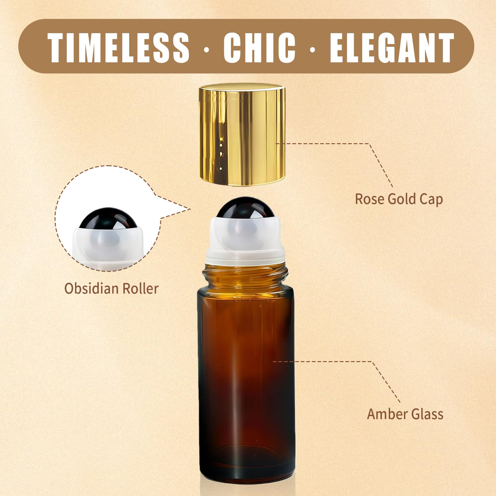 Warmify Obsidian Roller Bottles for Essential Oils, 50ml Refillable Amber Glass Roll On Bottles with Natural Crystal Roller Balls, Leak-Proof Travel Perfume Bottle with Gold Caps