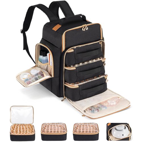 Hautton Nail Polish Organizer Holds 126 Bottles, Extra Large Storage Bag with 3 individual drawers, Professional Sturdy Lamp Supplies Nail Polish Travel Case Gift for Manicurist -Black