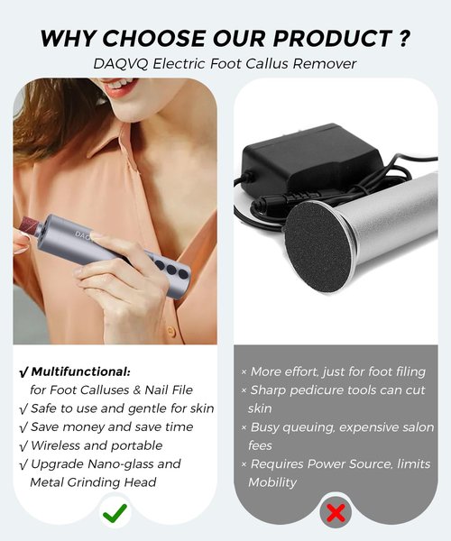 DAQVQ Electric Foot Callus Remover, 2-in-1 Cordless Pedicure Tools for Feet and Nail File with 80PCS Sandpaper Discs(3 Sizes), Aluminum Body with Adjustable Speed for Dead Skin, Cracked Heels & Home