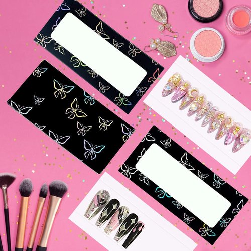 HLQHXWHZT 71 Pcs Empty Press on Nails Packaging Box 35 Pcs White Background Papers and 1 Double Sided Tape, Empty Nail Package Box Set for Press on Nail Business (Black)…