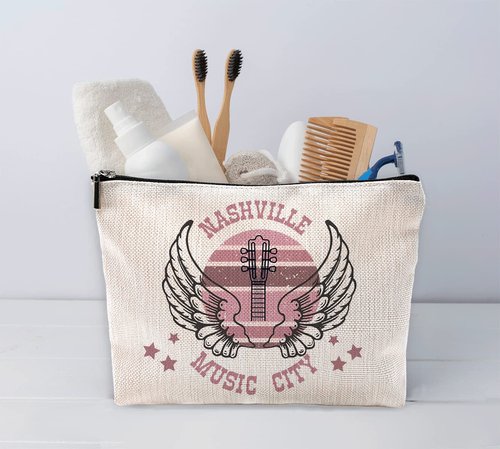 Sufamb Nashville Music City Retro Country Music Makeup Bag,Vintage Western Angel Wings Guitar Western Cosmetic Pouch,Christmas Birthday Gifts for Teen Girls Best Friends,Country Music Lover Gifts
