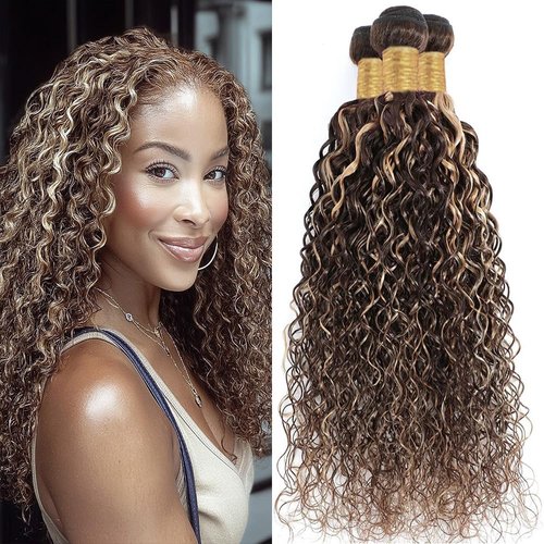 Dokksiiia 10 12 14 Inch Highlight Kinky Curly Bundles P4/613 Ombre Brown Curly Wave Human Hair Bundles Chocolate Brown and Light Blonde Piano Color Mix Brazilian Human Hair Extensions Natural Look