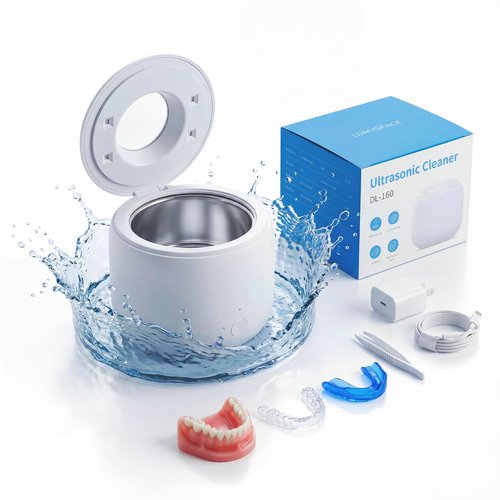 LUMYSPACE Ultrasonic Retainer Dental Cleaner Machine for Night Guards, Mouth Guards, Dentures, Jewelry, Aligner, Braces, Toothbrush with 2 Digital Timer Modes, 200ML, White