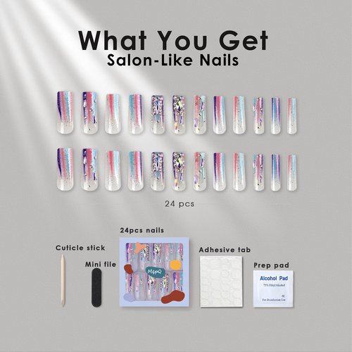 MqpQ Long Square Press On Nails With Rhinestones Luxury Rainbow Extra Fake Nails 24pcs Glossy Full Cover False Nails For Women And Girls