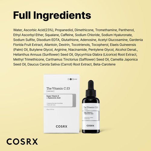 COSRX Pure Vitamin C 23% Serum with Vitamin E & Hyaluronic Acid, Hydrating Facial Serum for Fine Lines, Uneven Skin Tone & Dull Skin, 0.7oz/20g, Korean Skin Care